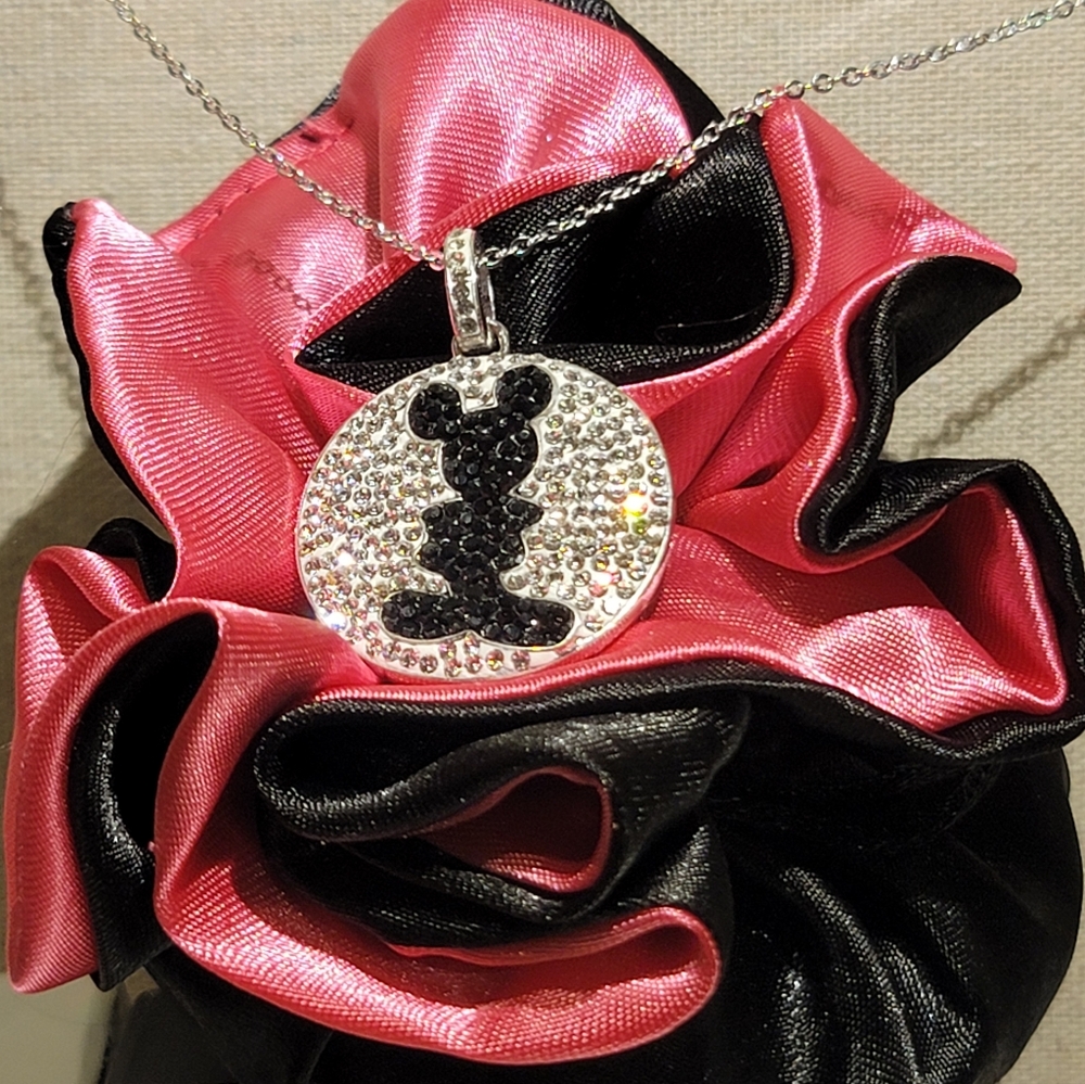 Mickey Mouse Silhouette Stainless Steel w/ Clear & Black Crystals Necklace - Picture 2 of 5